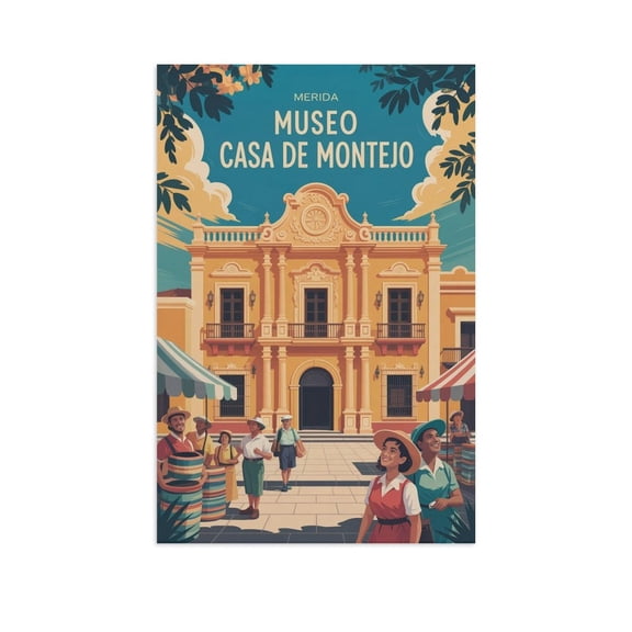 Retro Vintage Travel Poster Wall Decor Museo Casa De Montejo Merida Mexico Colonial Square Heritage Print Print Poster
