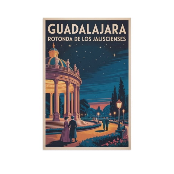 Retro Vintage Travel Poster Wall Decor Rotonda De Los Jaliscienses Guadalajara Mexico Night Sky Historic Garden Romantic Canvas Poster