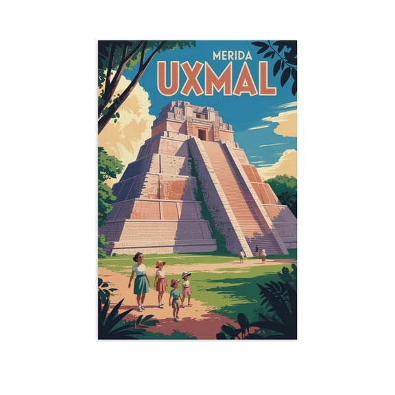 Retro Vintage Travel Poster Wall Decor Uxmal Pyramid Merida Mexico Low Angle Architecture Ancient Mayan Print Canvas Poster