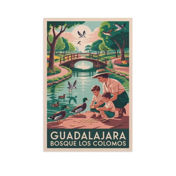 Retro Vintage Travel Poster Wall Print Bosque Los Colomos Guadalajara Mexico Midday Forest Nature Exploration Family Fun Canvas Poster