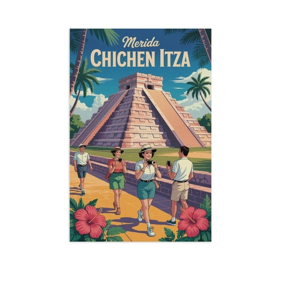 Retro Vintage Travel Poster Wall Print Chichen Itza Pyramid Merida Mexico Tropical Jungle Ancient Maya Art Canvas Poster