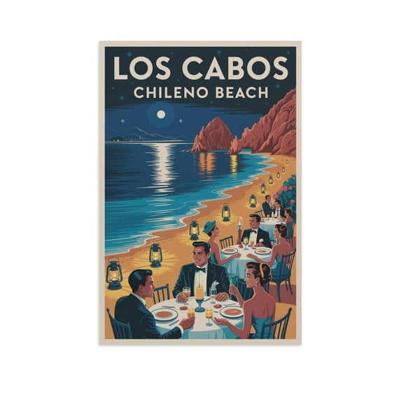 Retro Vintage Travel Poster Wall Print Chileno Beach Los Cabos Mexico Scenic Night Ocean Coastal Artwork Print Poster