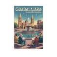 thumbnail image 1 of Retro Vintage Travel Poster Wall Print Guadalajara Cathedral Mexico Fountain Reflection Historic Scene Print Poster, 1 of 8