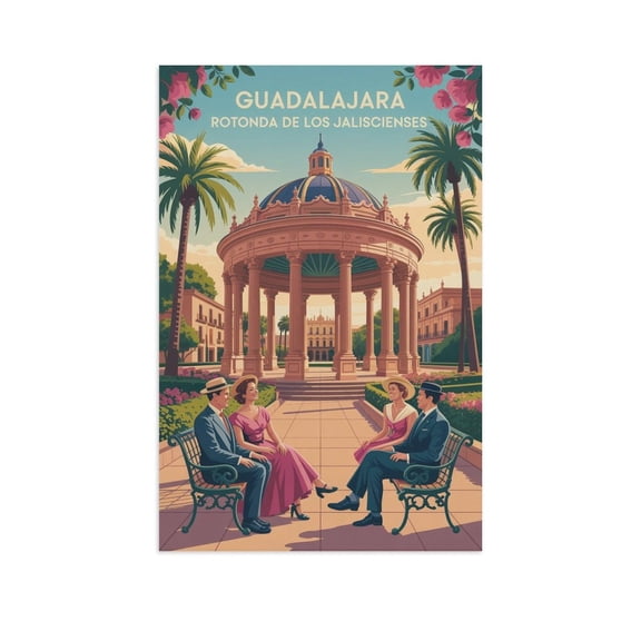 Retro Vintage Travel Poster Wall Print Rotonda De Los Jaliscienses Guadalajara Mexico Afternoon Historic Landmark Print Poster
