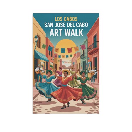 Retro Vintage Travel Poster Wall Print San Jose Del Cabo Art Walk Los Cabos Mexico Traditional Dance Scenic Artwork Print Poster