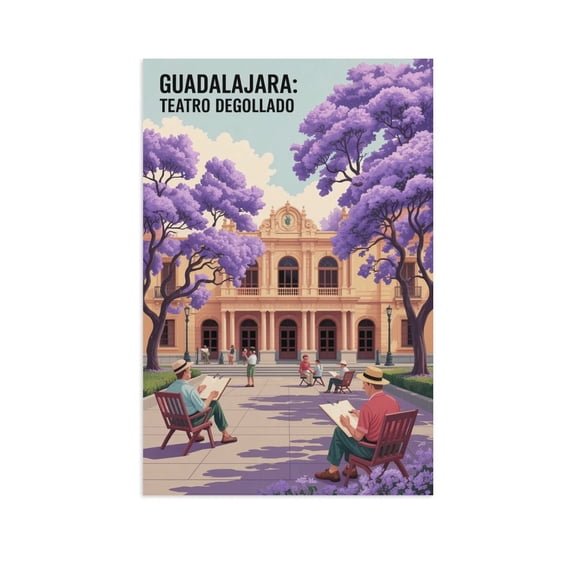 Retro Vintage Travel Poster Wall Print Teatro Degollado Guadalajara Mexico Jacaranda Trees Plaza Cultural Artwork Canvas Poster