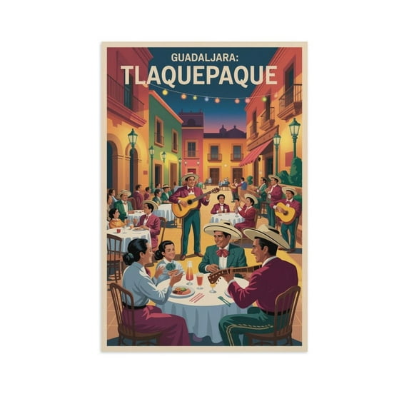 Retro Vintage Travel Poster Wall Print Tlaquepaque Guadalajara Mexico Mariachi Music Parian Plaza Dining Scene Canvas Poster