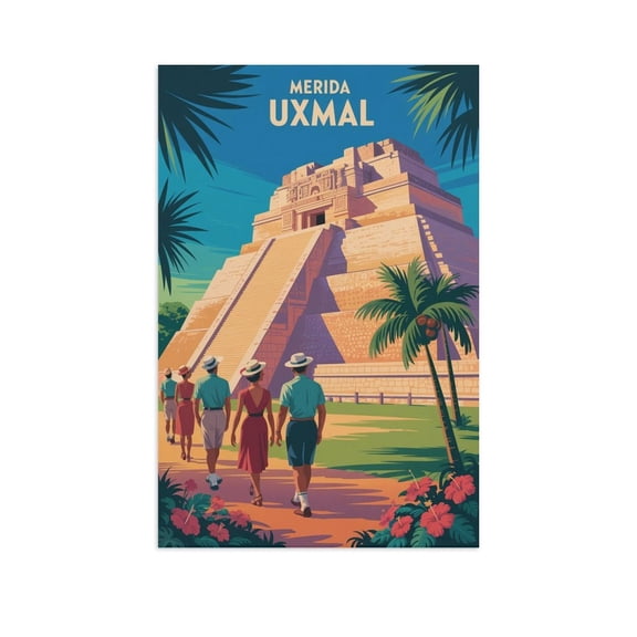 Retro Vintage Travel Poster Wall Print Uxmal Pyramid Merida Mexico Tropical Jungle Ancient Maya Art Canvas Poster