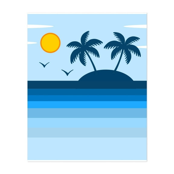 Retro Vintage Tropical Island Sunset - Digital Art Tropical Palm Tree Beach Minimalist Seascape Ocean Sunset Unframed Wall Art Print 6 x 8 inches