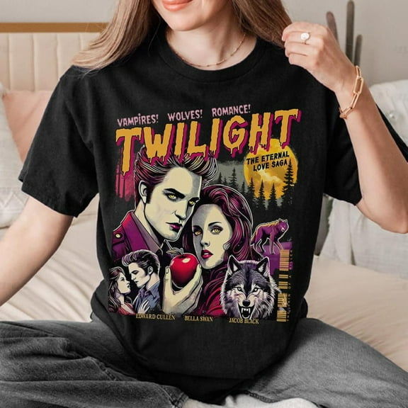 Retro Vintage Twilight Shirt, Twilight Fans Homage T-shirt, Gift For Book Lover Twilight Saga Comic Retro, Vampires Wolves Romance shirt,Black Color,Size M