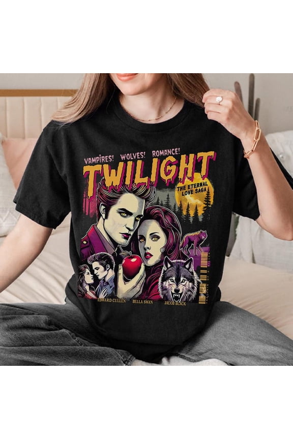 Retro Vintage Twilight T-Shirt, Edward Cullen x Bella Swan, Gift For Book Lover Twilight Saga Comic Retro, Vampires Wolves Romance Shirt,Black color,size 2XL