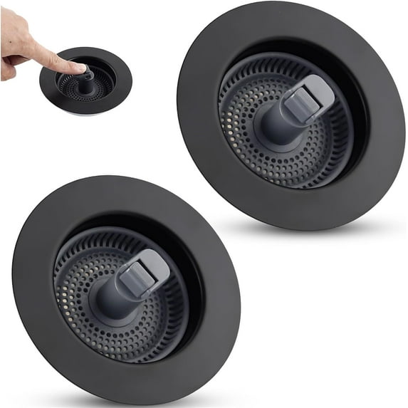 3 in 1 Black Kitchen Sink Stopper Strainer, Matteblack 304 Stainless Steel Pop Up Sink Drain Strainer with Handle Rod for US Standard 3-1/2 inch Drain Filter, Anti-Clog