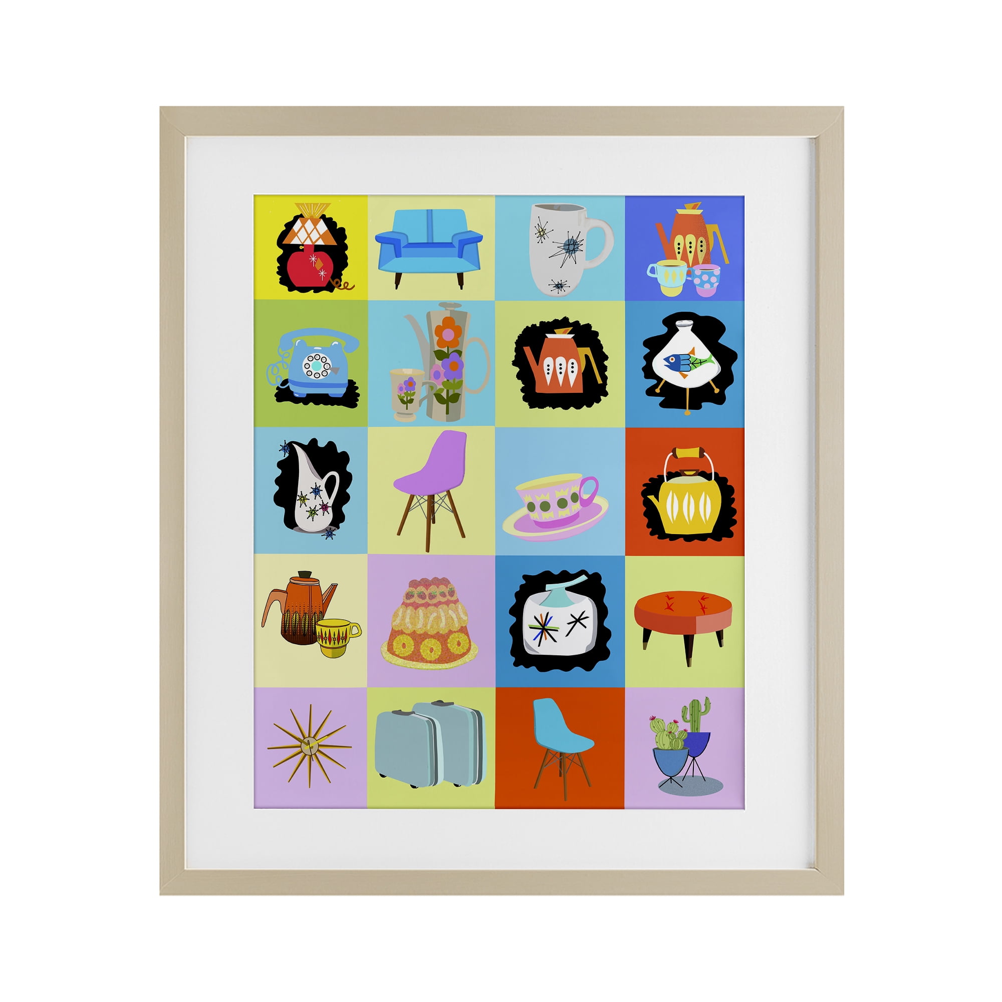 Retro Vintage Vignettes Birch Framed Print Under Glass, design by Lynnda Rakos