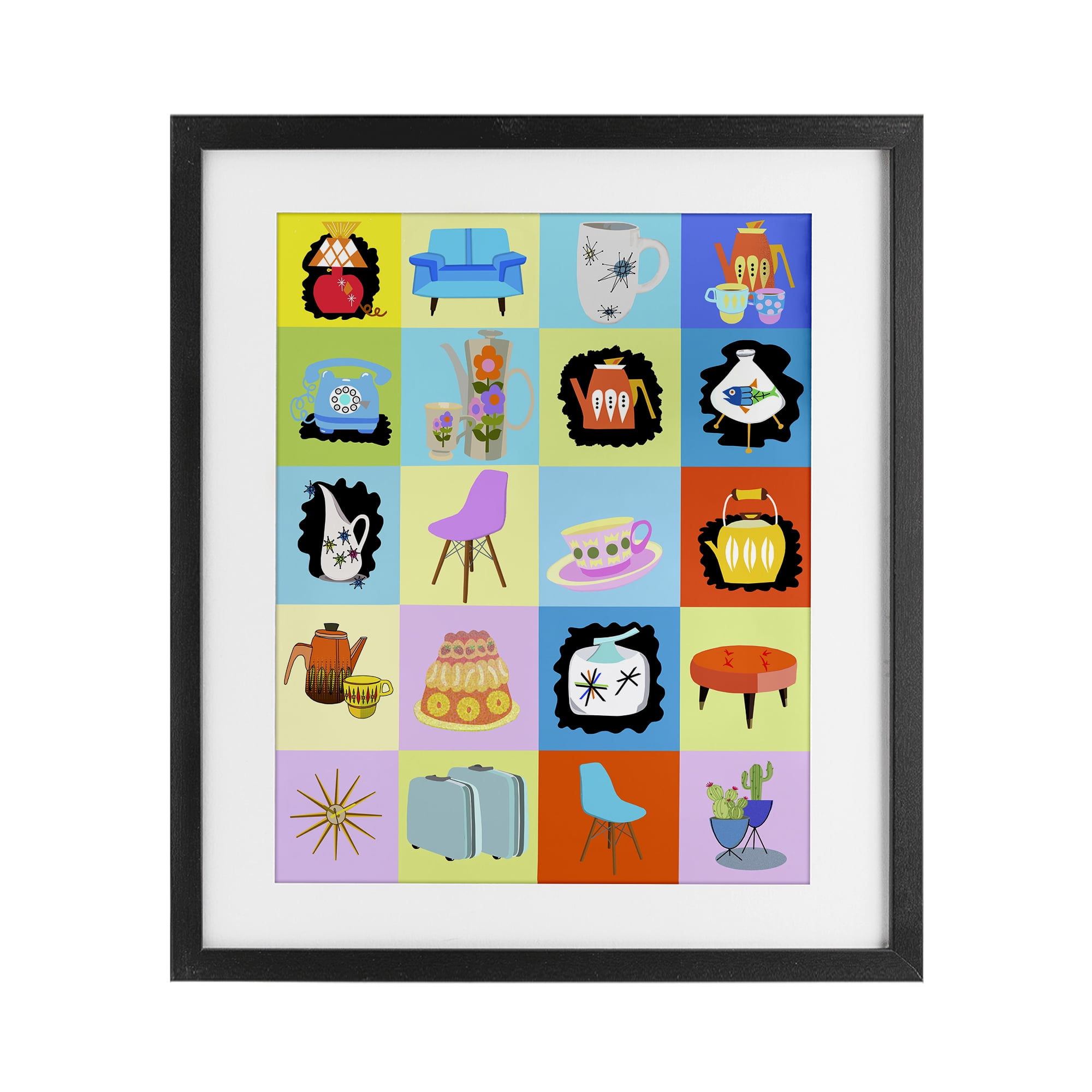 Retro Vintage Vignettes Black Framed Print Under Glass, design by Lynnda Rakos