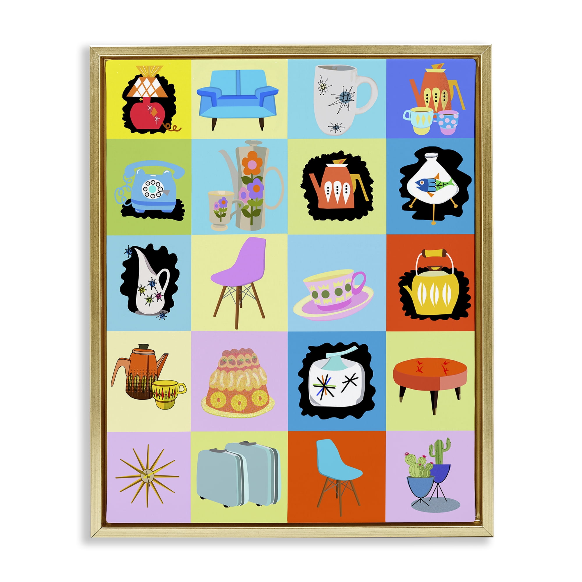 Retro Vintage Vignettes Gold Framed Floater Canvas Wall Art, design by Lynnda Rakos