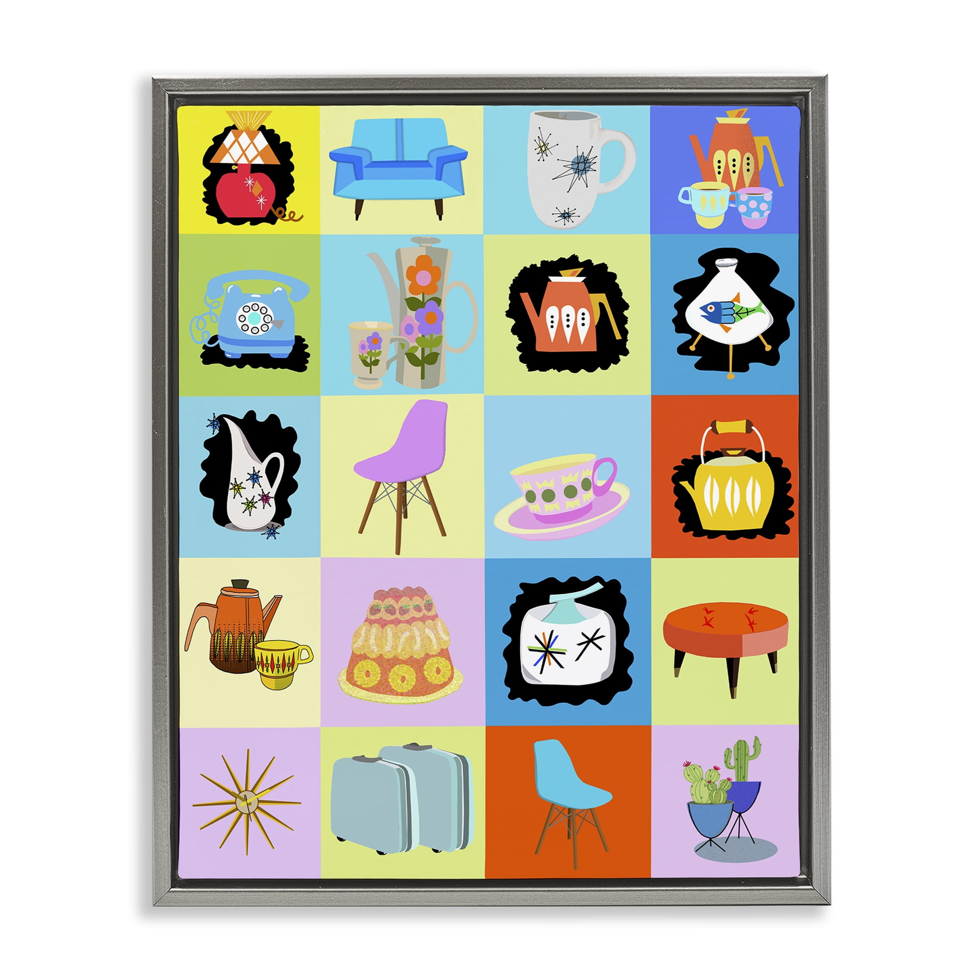 Retro Vintage Vignettes Gray Framed Floater Canvas Wall Art, design by Lynnda Rakos