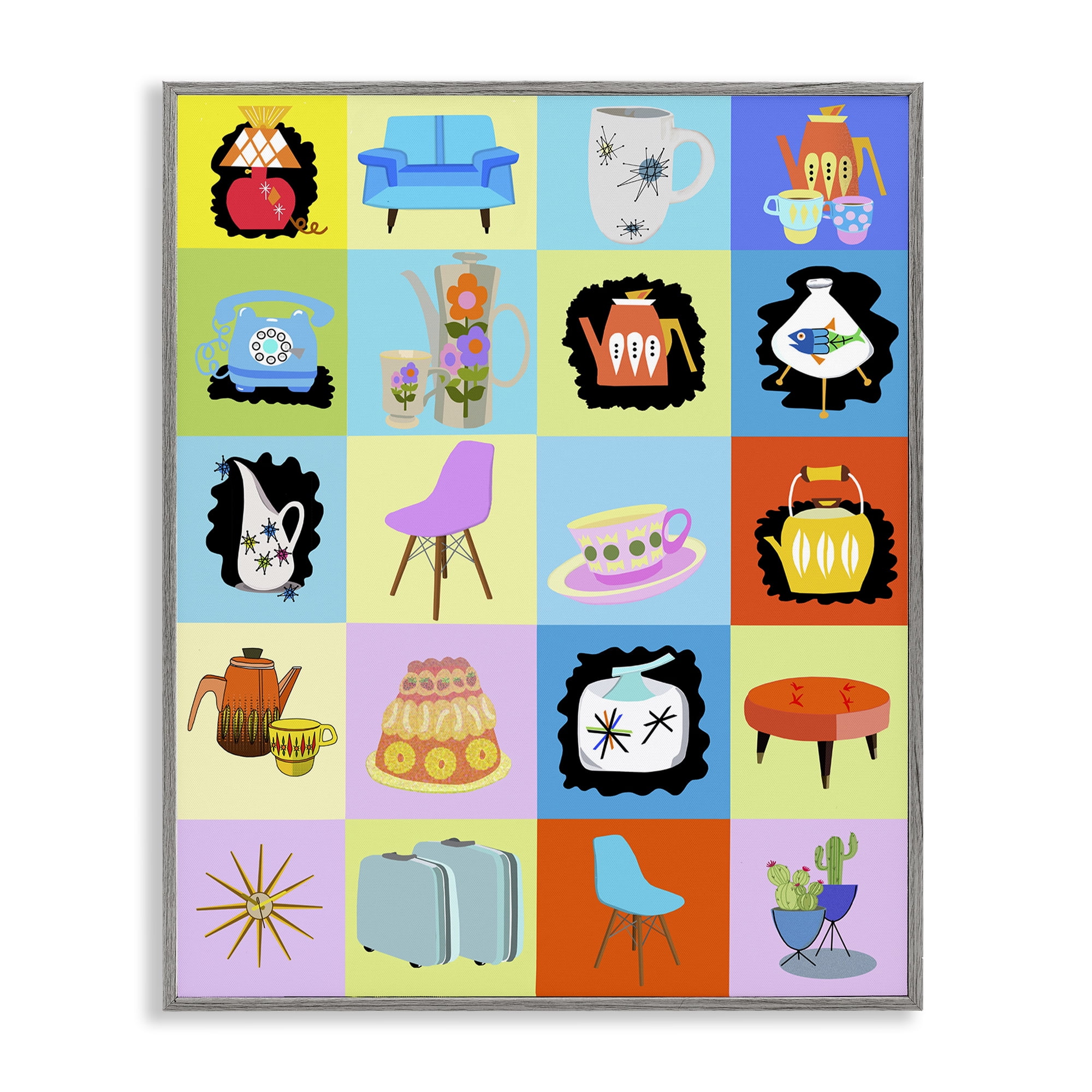 Retro Vintage Vignettes Gray Framed Giclee Art, design by Lynnda Rakos