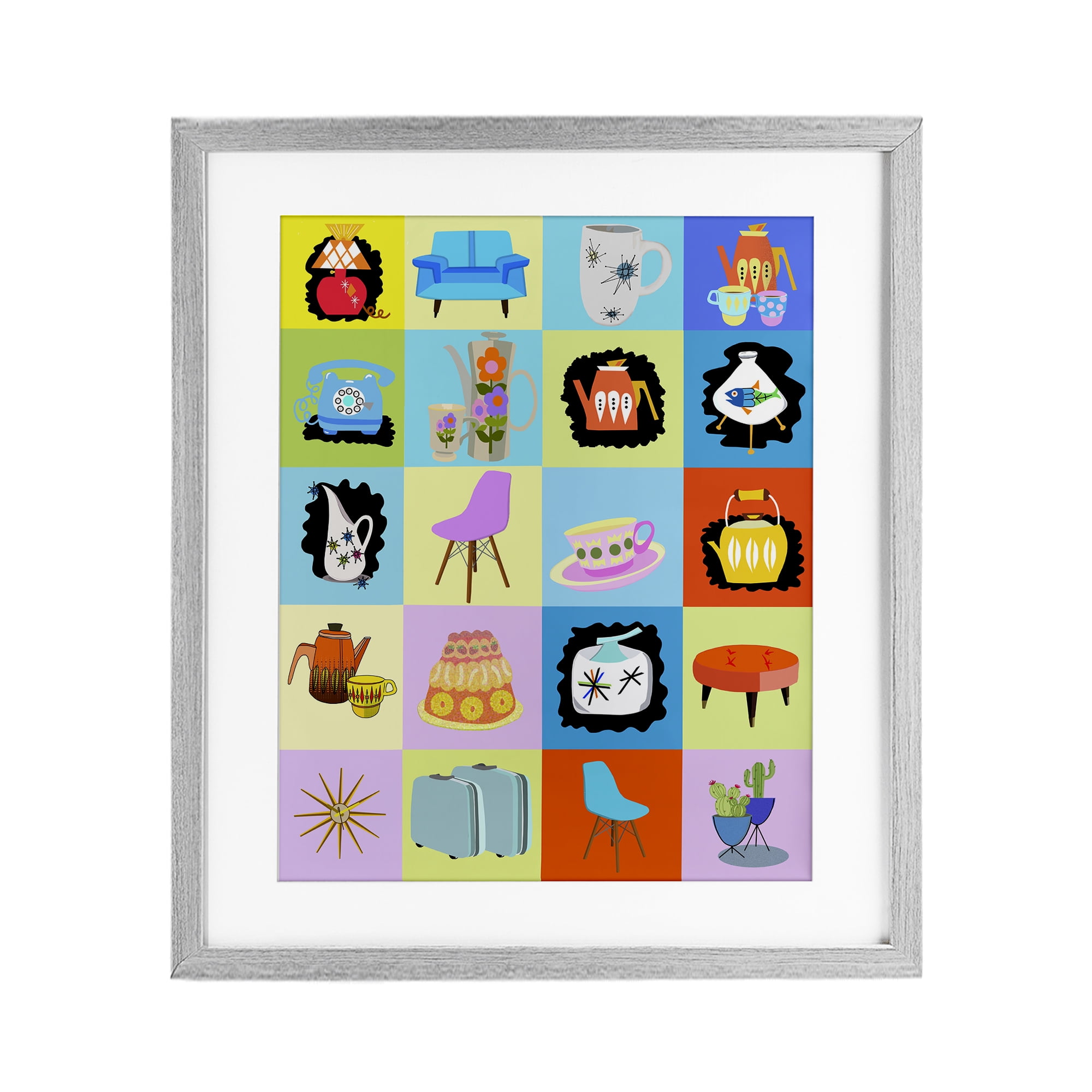 Retro Vintage Vignettes Gray Framed Print Under Glass, design by Lynnda Rakos