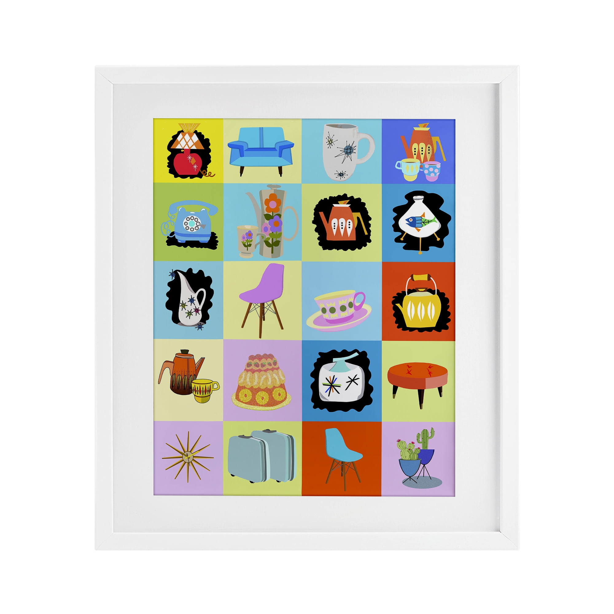 Retro Vintage Vignettes White Framed Print Under Glass, design by Lynnda Rakos