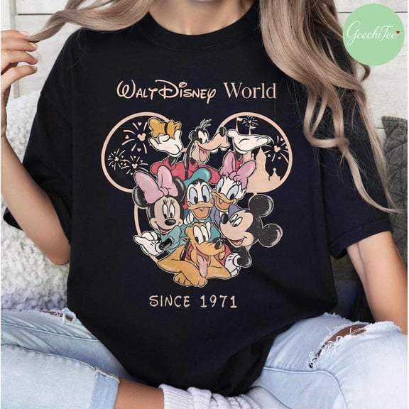 Retro Vintage Walt Disney World Est 1971 Shirt, Disneyworld Est 1971 Tshirt, Mickey and Friend Tee, Disney Family Shirt, Disney Trip 2025,Black Color,Size XL