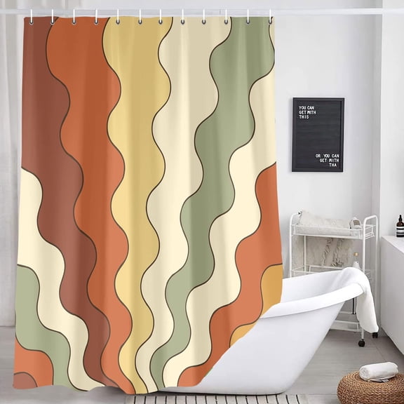 Retro Vintage Wavy Earth Tones Shower Curtain, Bohemian Orange Yellow Terracotta Bath Curtains, 70s 60s Mid-Century Abstract Art Bathroom Set with Hooks, 72x84