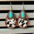 thumbnail image 1 of Retro Vintgae Genuine Leather and Turquoise Stone Teardrop Wood Western Earrings, 1 of 9