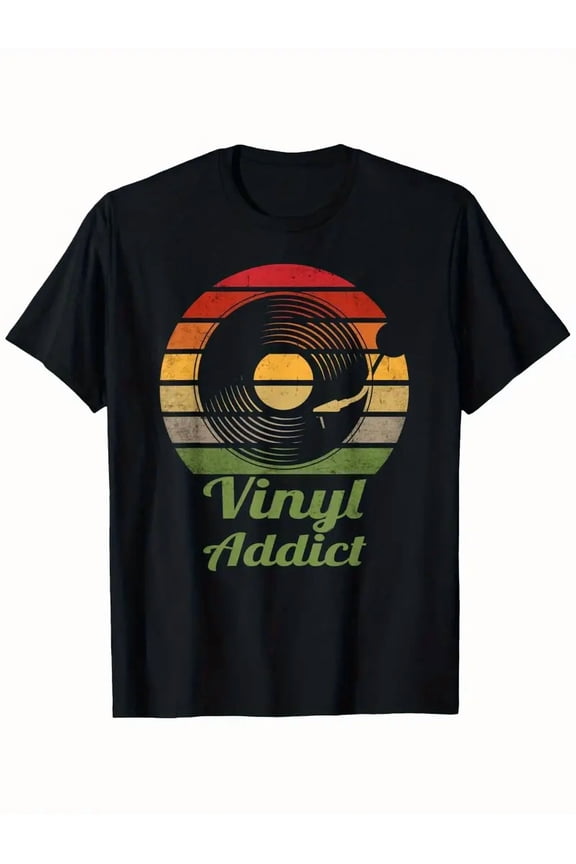 Retro Vinyl Addict Vintage Record Player Graphic T-Shirt - Unisex 100% Cotton Black Music Tee with Vinyl Record & Turntable Design, Slight Stretch Regular Fit Casual Streetwear