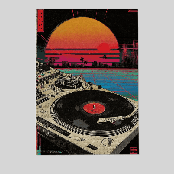 Retro Vinyl Poster, Synthwave Music Art Print, 80s DJ Turntable Wall Decor, Vaporwave Sunset Artwork, Neon Retro Home Design Full Size 24''x36'' The Golden Shop