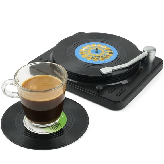 Retro Vinyl Record Coasters with Holder, 6 Pack Funny Drink Coasters, Music Themed Table Decor, Housewarming Wedding Gift