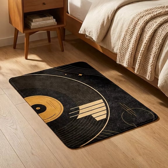 Retro Vinyl Record Doormat, Soft Plush Flannel Non-Slip Floor Mat, Art Deco Black Gold Music Entryway Rug, Washable Indoor Mat for Living Room Bedroom Music Room, 3 Sizes Available