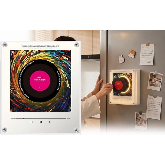 Retro Vinyl Record Fridge Magnets, NFC Programmable Music Player with LED Lights, Mini Jukebox for Room Decor, rotation