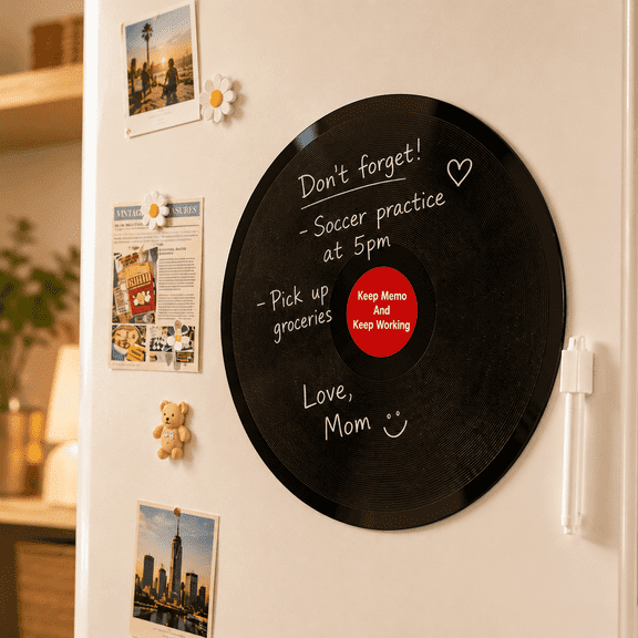 Retro Vinyl Record Magnetic Fridge Message Board, Writable Dry Erase Refrigerator Magnet, Vintage Decorative Memo Board for Kitchen, DIY Reusable Fridge Sticker with Marker
