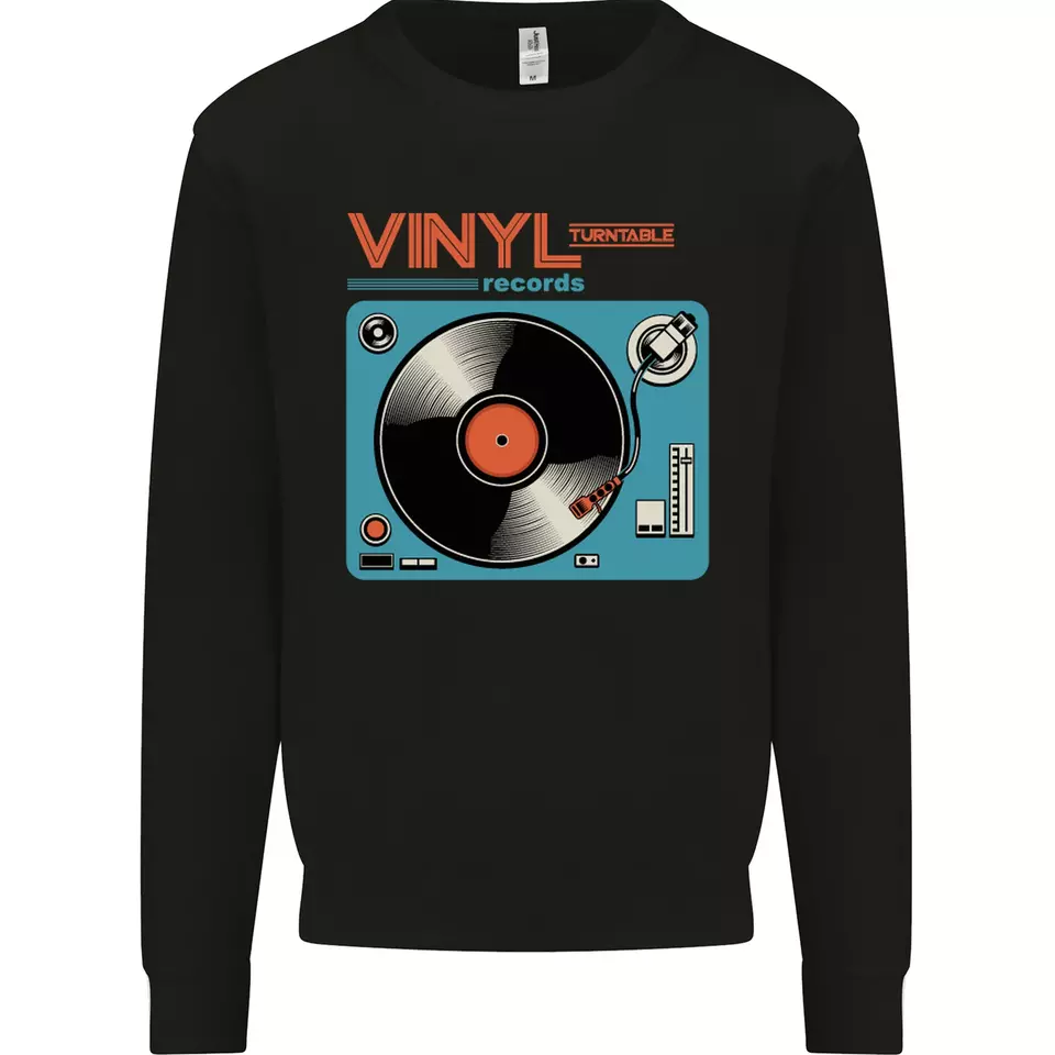 Retro Vinyl Records Turntable DJ Music Mens Sweatshirt Jumpe