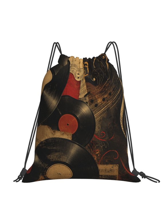 Retro Vinyl Rhythm Large Drawstring Backpack Casual Cinch Sack Bag Backpack for Sports Hiking Travel Gym
