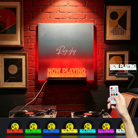 Retro Vinyl Stand Wall Mount Light Up Wooden Base LED Night Light 7 Color Change Switch Remote Control USB Charge dimming Timer Record Display Collection Now Playing Acrylic Descoration