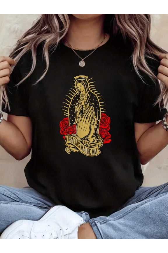 Retro Virgin of Guadalupe Graphic Tee - Gracias Madre Mia Religious Praying Hands Roses Women's Black Cotton T-Shirt - Vintage Catholic Faith Inspired Apparel