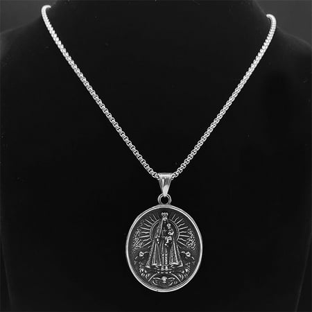 Retro Virgin Mary Brazil Nossa Senhora Our Lady of Aparecida Necklace for Men 14K White Gold Necklaces Jewelry Gifts