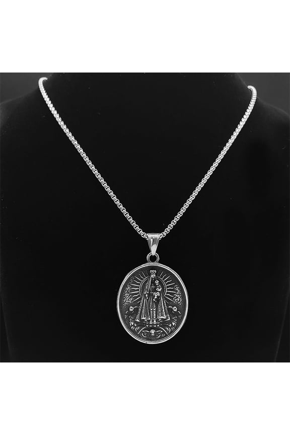 Retro Virgin Mary Brazil Nossa Senhora Our Lady of Aparecida Necklace for Men 14K White Gold Necklaces Jewelry Gifts