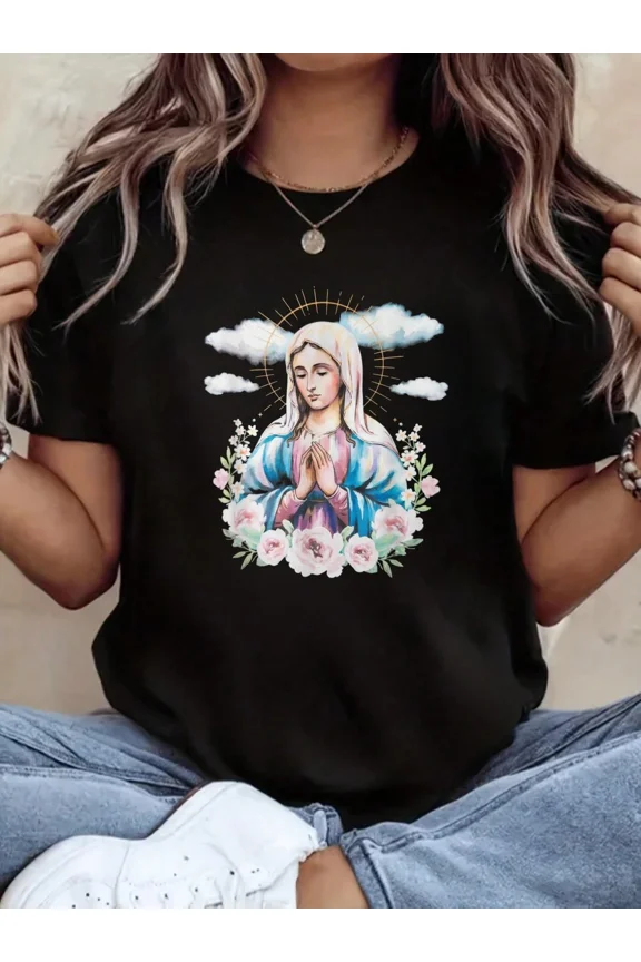 Retro Virgin Mary Floral Graphic T-Shirt Vintage Blessed Mother Catholic Christian Religious Women's Short Sleeve Tee