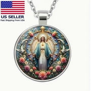 FRUILIBEE Retro Virgin Mary Pattern Print Round Pendant Necklace with Cabochon Glass Cover, Gift For Religious Believers