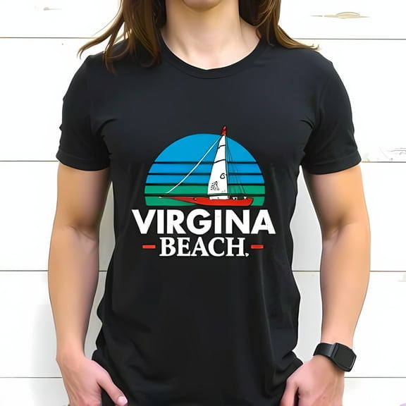 Retro Virginia Beach Cotton Short Sleeve T-Shirt with Sailboat and Sunset Graphic Design