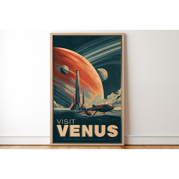 Retro Visit Venus Art Print Vintage Sci Fi Travel Futuristic Space Landscape Decor Mid Century Style Wall Art Gift For Him Her