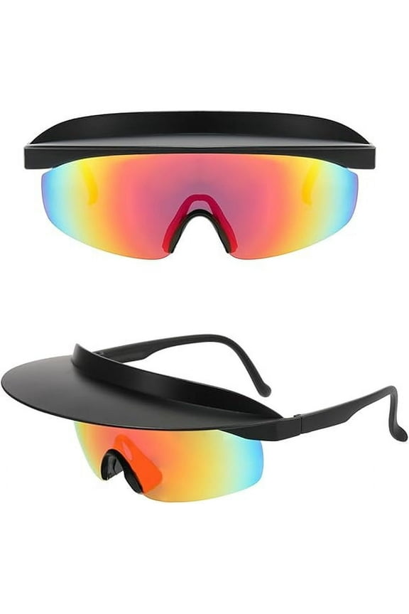 Retro Visor Sunglasses with Rainbow Mirror Lens, 78mm Wide Frame, Unisex Design Black Red Film