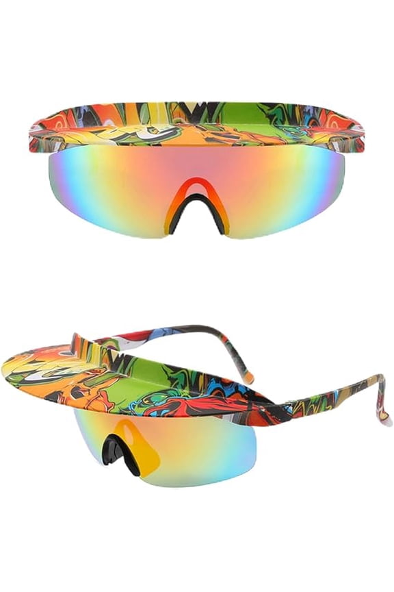 Retro Visor Sunglasses with Rainbow Mirror Lens, Unisex Design Mottled Red Film