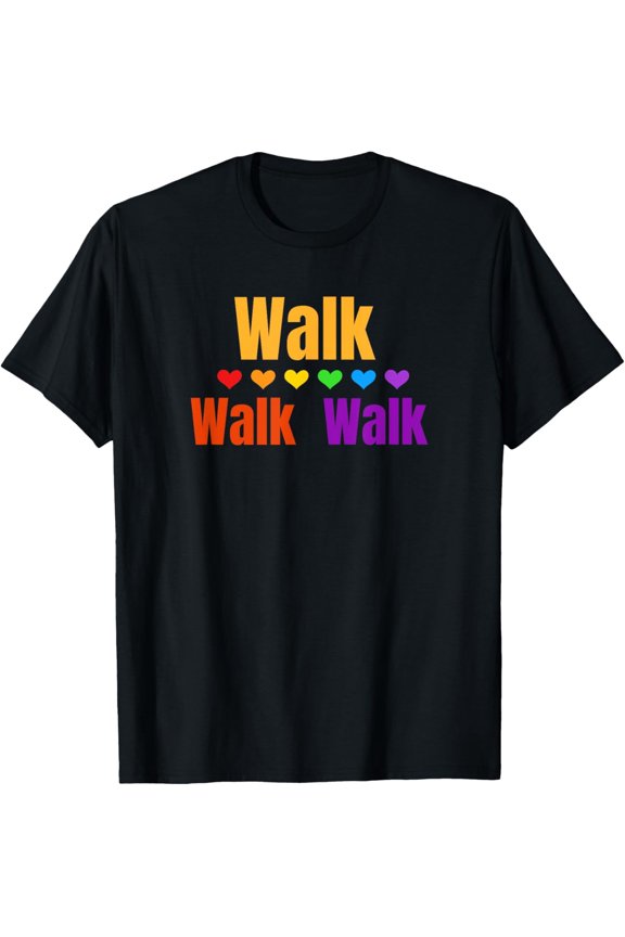 Retro Walk Walk Walk Walking Graphic T-Shirt Colorful Rainbow Hearts Fitness Exercise Apparel for Men Women Adult Casual Short Sleeve Tee