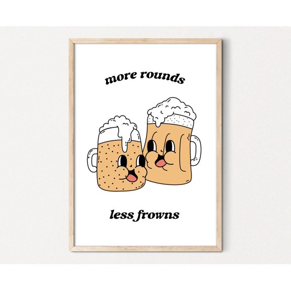 Retro Wall Art Bar Cart Art, More Rounds Less Frowns Beer Print, Beer Wall Art, Funny Bar Art Retro Beer Art #3851, Unframed Poster Size 16x24