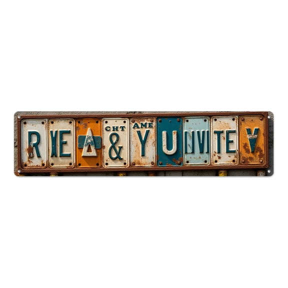 Retro Wall Art Decor 16*4 in Rustic License Plate Design Durable Metal"RIE A & Y UNITE V" vintage grunge wall art stoner room decor man cave Exclusive rusted finish.