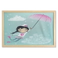 thumbnail image 1 of Retro Wall Art with Frame, Flying Girl with a Pink Umbrella and a Floral Hat Doodle Style Curly Cloud Motifs, Printed Fabric Poster for Bathroom Living Room Dorms, 35" x 23", Multicolor, by Ambesonne, 1 of 2