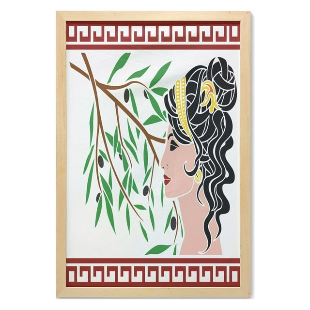 Retro Wall Art with Frame, Mythological Aphrodite Profile and Olive Branch Greek Borders Framework Print, Printed Fabric Poster for Bathroom Living Room Dorms, 23" x 35", Multicolor, by Ambesonne