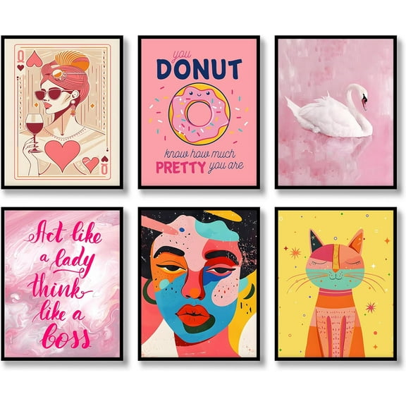 Retro Wall Art Prints Set of 6 Aesthetic Gallery Pink Preppy Canvas Posters Trendy Maximalist Eclectic Canvas Funky Retro Coquette Wall Decor for Living Room Bedroom Corridor (A, 11"x14" UNFRAMED)